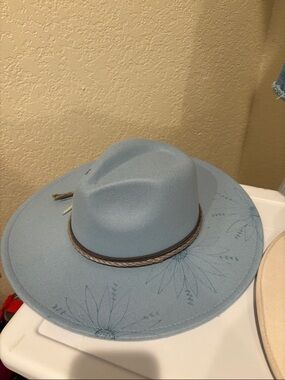 Baby Blue Light Denim Fedora Wool Custom Flowers Detail & Feathers & Rope Detail